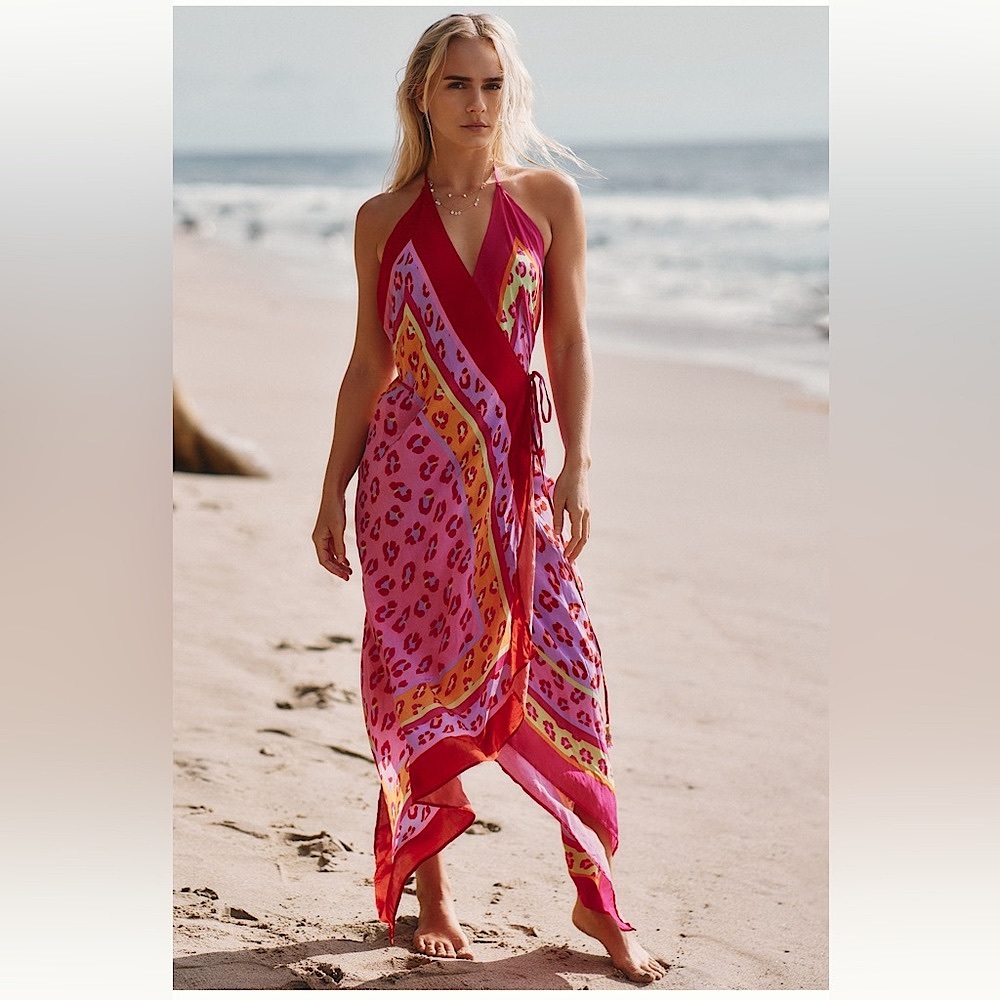 Farm Rio Leopard Cover-Up Wrap Dress Backless Sleeveless Pink Red Size Large New